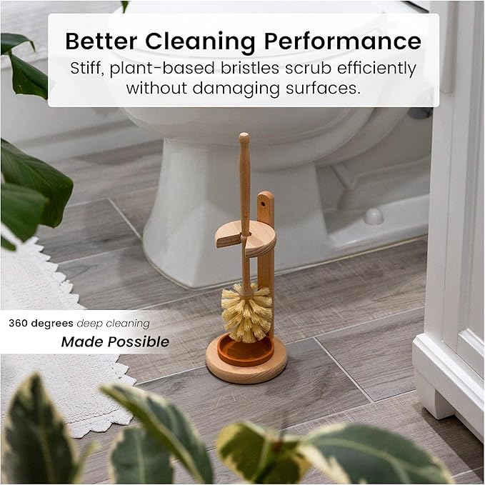Toilet Bowl Cleaner Brush with Holder, 14 Inch Extra Long German Beechwood Handle, Strong Hemp Bristles, Ceramic Drip Tray, Biodegradable