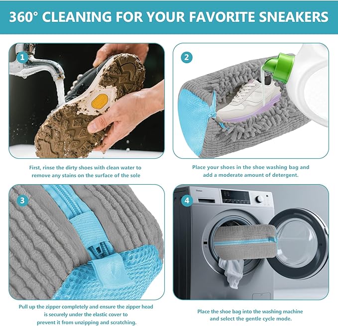 Shoe Washing Machine Bag - 2Pack Laundry Shoe Bag for Washer and Dryer, Reusable Shoe Cleaning Bag for All Shoe Sizes, 360° Deep Clean for Tennis Shoes, Sneakers, Includes 1 Brush(grey)