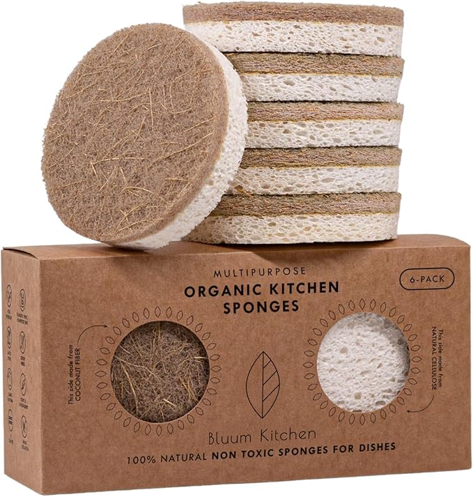 Organic Kitchen Sponges 6-Pack – Non Toxic Sponges for Dishes, Plastic Free & Natural Dish Sponge, Plant Based Cellulose & Coconut Fiber Sponge, Biodegradable, Compostable, Eco Friendly
