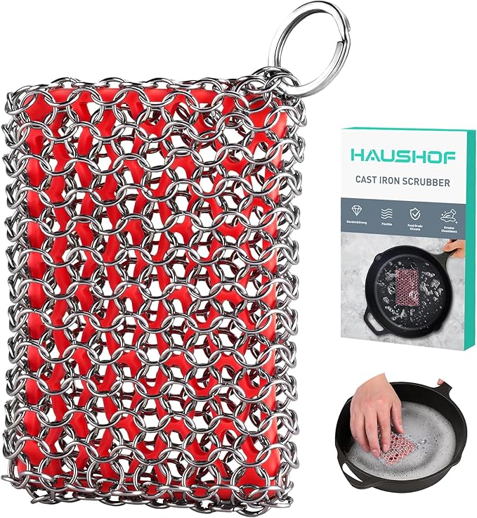 HAUSHOF Cast Iron Scrubber, Chainmail Scrubber with Silicone Core, Premium Chainmail Scrubber Sponge for Skillet, Pan, Dutch Oven