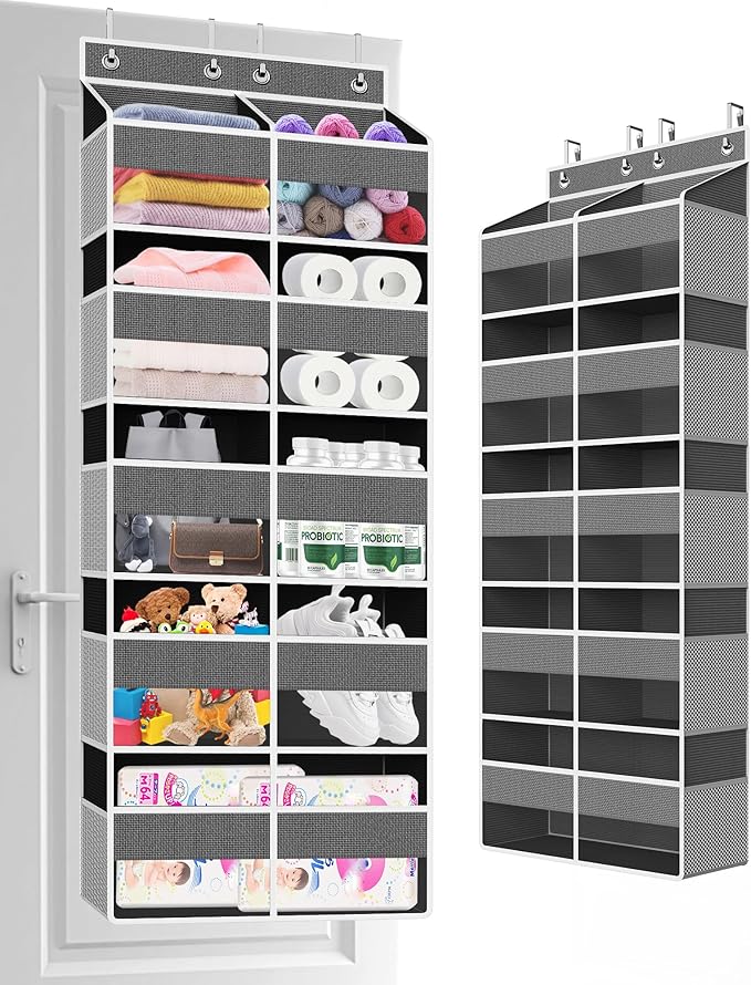 Over The Door Organizer Multi Pocket,5 Tier Large Hanging Shelf for Storage Kids Toys, Diapers, Clothes,Yarn,Heavy Duty Behind Door Storage for Bedroom Bathoom Nursery Closet Pantry,Gray