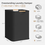 STORAGE MANIAC 1-Pack Large Laundry Hamper, 100L (26.4 Gal) Collapsible Laundry Basket with Bamboo Handles, Freestanding Waterproof Clothes Hamper for Laundry Room, Bedroom, Dorm, Towels, Toys, Black