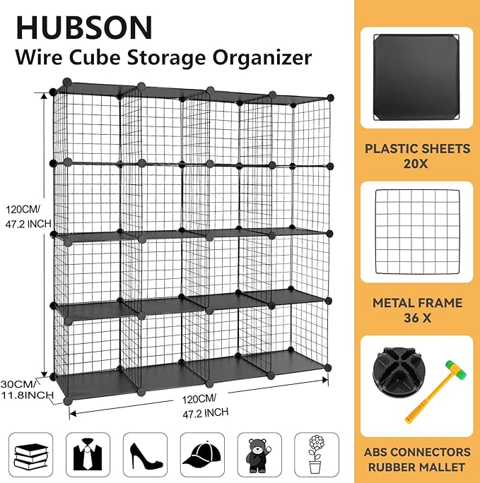 HUBSON Wire Cube Organizer, Book/Toy/Craft/Potted Plants and Pet Closet Organizers, 16-Cube Freely Combinable Metal Grids Storage Shelf, Black Plus Iron