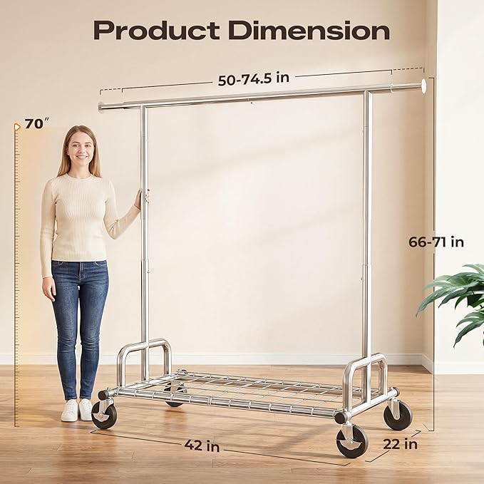 HOKEEPER Heavy Duty Clothes Rack Load 525 LBS, 75''W Adjustable Garment Rack, Rolling Clothing Rack for Hanging Clothes with Lockable Wheels, Portable Collapsible Closet Rack for Bedroom Laundry Room
