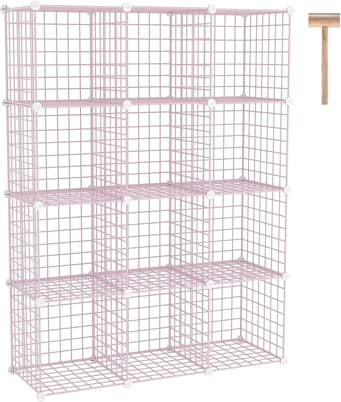 C&AHOME Wire Cube Storage, 12 - Cube Organizer Metal C Grids, Modular Shelves Units, Closet Organizer, Ideal for Home, Office, Living Room, 36.6”L x 12.4”W 48.4”H, Pink UWCS3012P