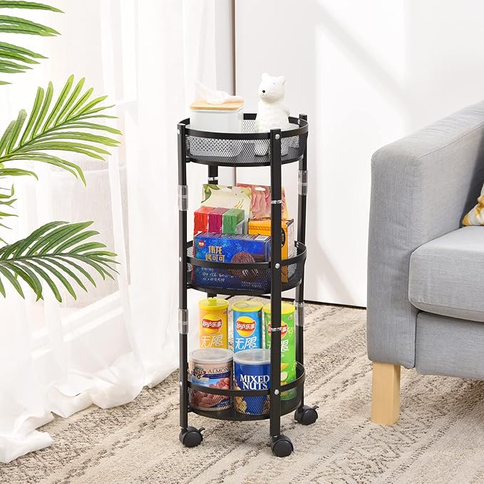 TOOLF 3-Tier Foldable Rolling Cart, Collapsible Metal Utility Cart with Wheels, Assembly-Free, Round Storage Organizer Trolley for Kitchen, Bathroom, Dorm, Nursery, Black