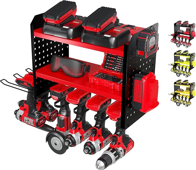 Power Tool Organizer-6 Drill Holder Wall Mount, 3 Tier Heavy-Duty Hand Tool Storage Rack, Utility Racks, Drill Holder, 2 Pegboard Sides - Garage Storage Cordless Tool Organizer (Red)