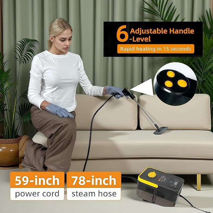 Handheld Pressurized Steam Cleaner， 6-Level Adjustable Handle 20s Heat-Up Big Tank, Portable Steamer for Cleaning Stubborn Dirt Grease Tile Grout Floor Car (Black/Yellow)
