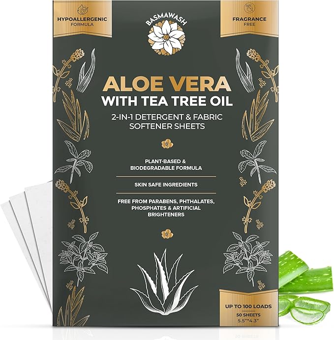 Natural Laundry Detergent & Fabric Softener Sheets | Up to 100 Loads Eco-Friendly|Fragrance-Free & Hypoallergenic | Aloe Vera & Pure Tea Tree Oil | Plant-Based, Biodegradable, Enzyme Powered,Baby-Safe