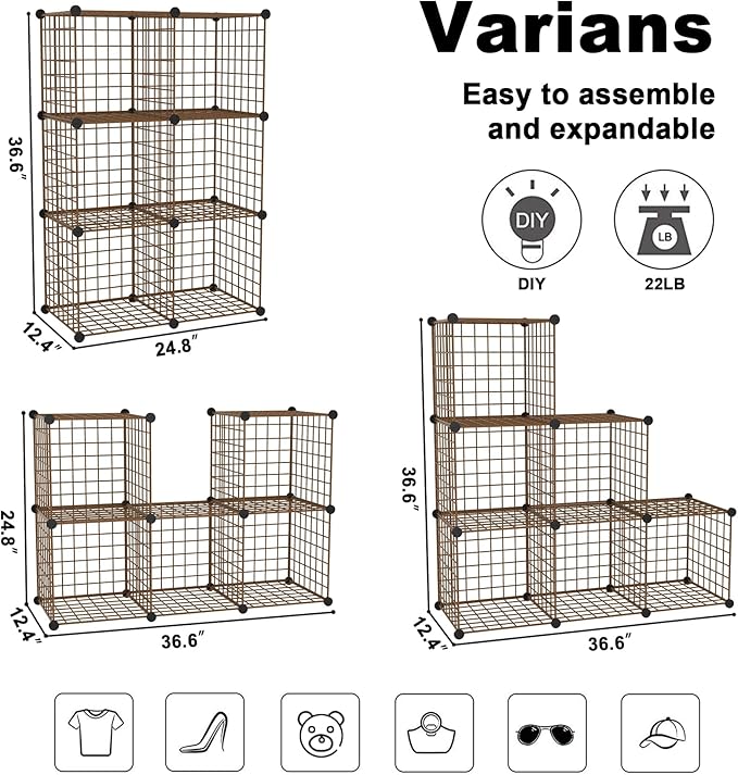 C&AHOME Wire Cube Storage, 6 - Cube Organizer Metal C Grids, Modular Shelves Units, Closet Organizer, Ideal for Home, Office, Living Room, 36.6”L x 12.4”W 36.6”H, Brown UWCS3006R