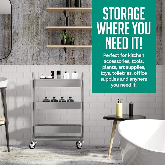 KoolerThings 3-Tier Rolling Metal Storage Organizer - Mobile Utility Rolling Storage Cart, Kitchen Cart with Caster Wheels (Grey)