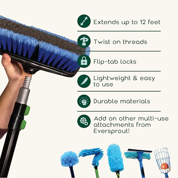 EVERSPROUT 7-to-24 Foot Scrub Brush (30 Foot Reach) | Built-in Rubber Bumper | Heavy-Duty Extension Pole Handle | Soft Bristles wash Car, RV, Boat, Solar Panel, Deck, Floor | Bumper Prevents Scratch