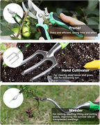 10Pcs Garden Tool Set, Heavy Duty Gardening Tools with Non-Slip Rubber Grip, Includes Shovel Trowel Fork Rake Gardening Gloves Organizer Handbag, Gifts for Women and Men