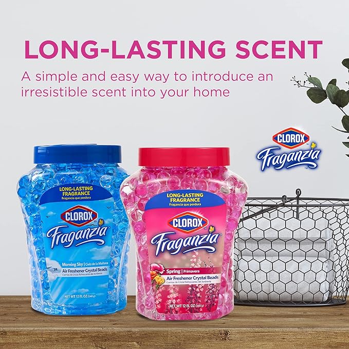 Clorox Fraganzia Crystal Beads Air Freshener in Spring Scent - Long-Lasting Room Deodorizer - Odor Eliminator Gel Beads to Freshen Home, Car, or Office, 12 Fl Oz - 12 Pack