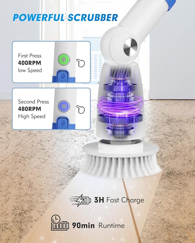 BEAUTURAL Cordless Electric Spin Scrubber, Efficient & Effortless, 2 Adjustable Speed & 3 Length with 8 Brush Heads – Bathroom, Kitchen, Tile & Grout Cleaning