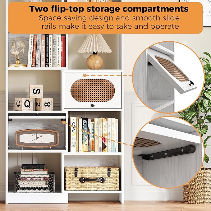 IRONCK 6 Tier Bookshelf and Bookcase with 2 Rattan Design Flip-top Storage Cabinets, 8 Cube Bookcases Display Storage Shelves Organizer for Living Room, 35.4" White