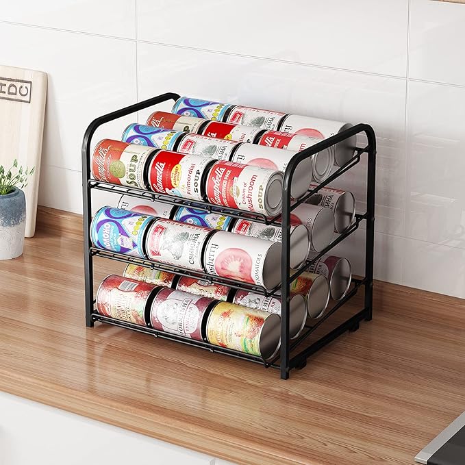 AIYAKA Can Rack Organizer, 3 Tier Stackable Can Storage Dispenser–12.2" D x 16.6" W x 14.5" H,for Food Storage, Kitchen or Pantry, Storage for 36 Cans, Black