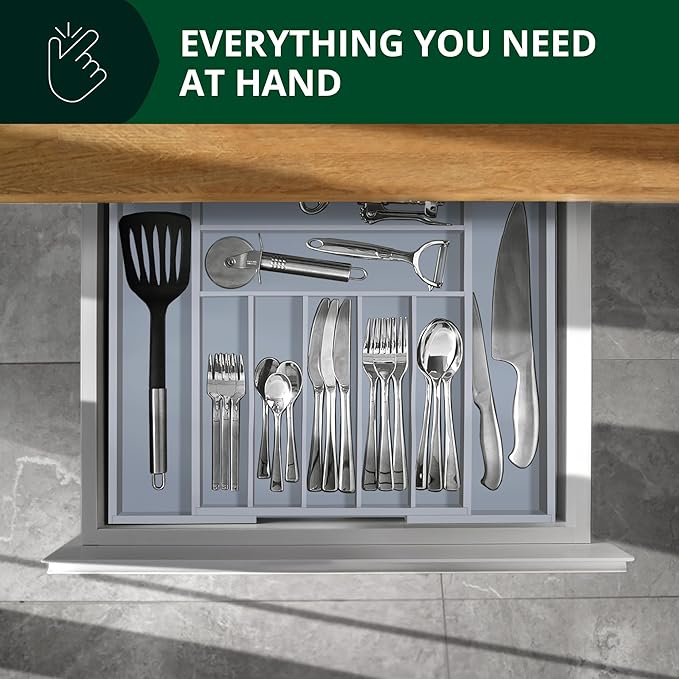 Luxury Bamboo Kitchen Drawer Organizer - Silverware Organizer - Utensil Holder and Cutlery Tray with Grooved Drawer Dividers for Flatware and Kitchen Utensils (9 Slot, Gray)