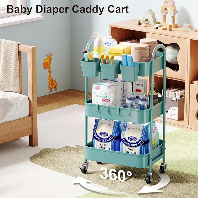 3 Tier Turquoise Metal Mesh Rolling Cart, Storage Cart with Handle and Lockable Wheels, Multifunctional Three Tiered Utility Organizer Cart on Wheels for Kitchen, Office, Bathroom, Crafts, Arts, Snack