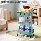 3 Tier Turquoise Metal Mesh Rolling Cart, Storage Cart with Handle and Lockable Wheels, Multifunctional Three Tiered Utility Organizer Cart on Wheels for Kitchen, Office, Bathroom, Crafts, Arts, Snack
