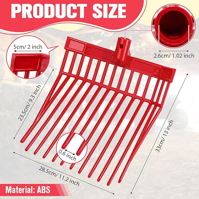 Lasnten 6 Pack Manure Fork Replacement Heads 12 Tines Heavy Duty Pitchfork Heads with Screws & Nuts Durable Horse Manure Rake for Picking up Grass Hay Animal Waste(Red)