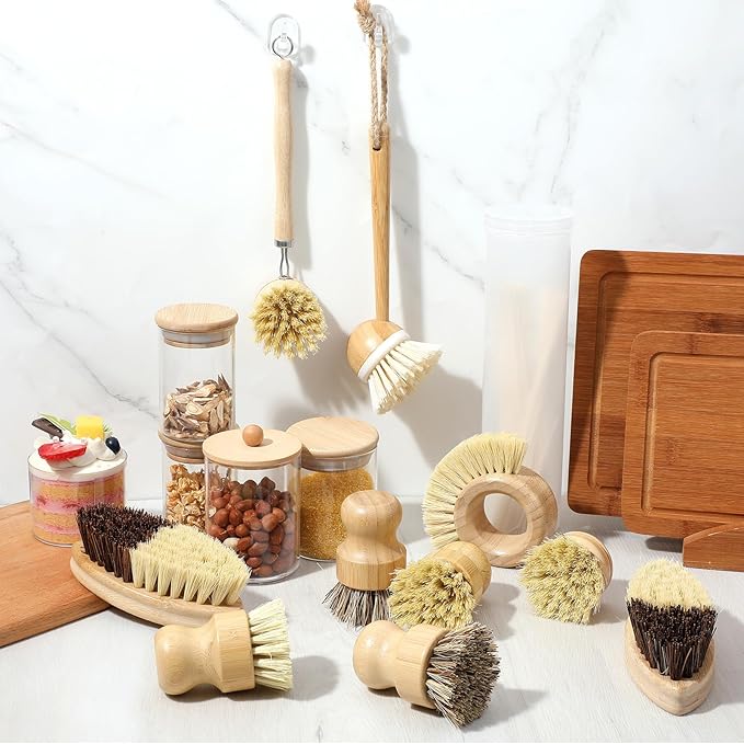 10Pcs Bamboo Dish Brush Set, Kitchen Brushes for Dishes, 7 Style Wooden Dish Brush with Ergonomic Handle, Value Bamboo Scrub Brushs Pack for Pots, Bottles and Vegetables