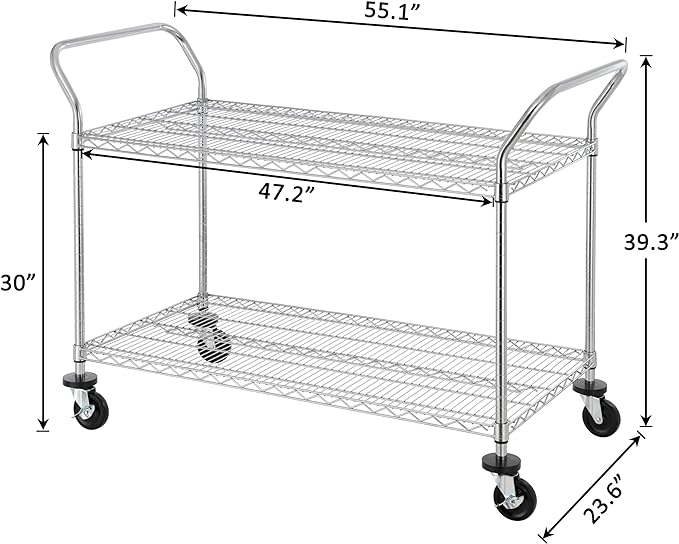 Finnhomy 2-Tier Commercial Grade Rolling Cart, Heavy Duty Utility Cart, Carts with Wheels and Handles, Kitchen Cart on Wheels, Metal Serving Cart with 700 lbs Capacity, Shelf Size 24" D x 48" W, NSF
