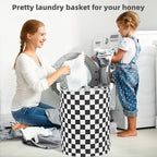 Large Foldable Laundry Basket Organizer Holder portable tall collapsible laundry hamper nusery Storage Basket Bin with Handles (Waterproof Lining, Black Racing Flag)