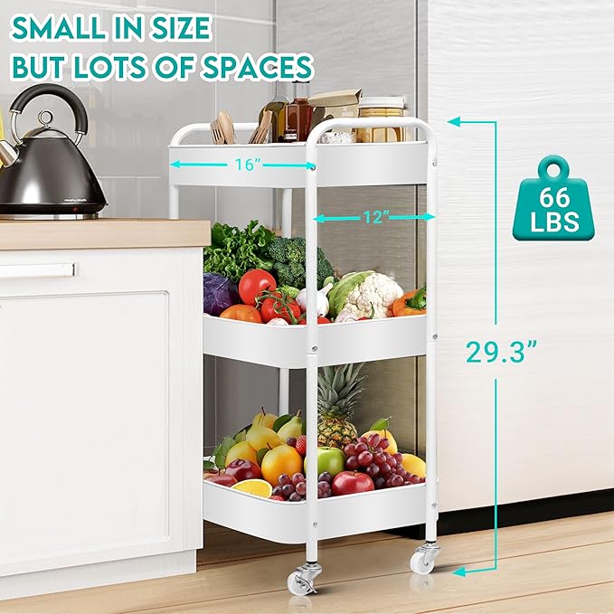 3 Tier Rolling Cart, Metal Utility Cart with 4 Hooks, Rolling Storage Cart on Wheels, Small Organizer Cart for Nursery, Kitchen, Living Room, Bathroom, White