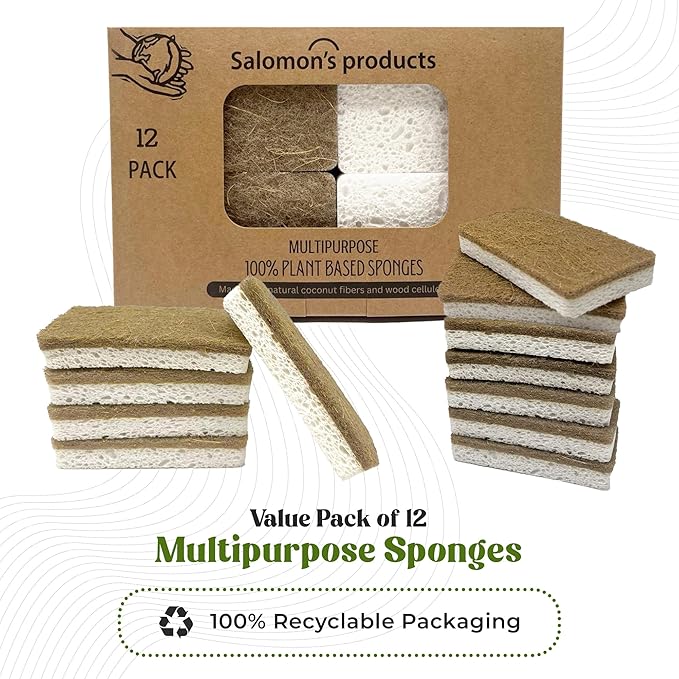 12 Pack Natural Kitchen Sponges - Biodegradable, Compostable, Sustainable Wood Cellulose & Coconut Fiber Sponge for Dishes, Quick Drying & Non Scratch Plant Based Eco Friendly Scrubber for Dishwashing