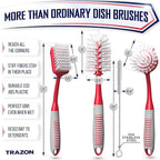 Dish Brush Set of 4 - Kitchen Scrub Brushes with Non-Slip Long Handle for Cleaning, Scrubber, Dishwashing, Dishes, Bottles, Straws, Cups, Pots & Sink, Red