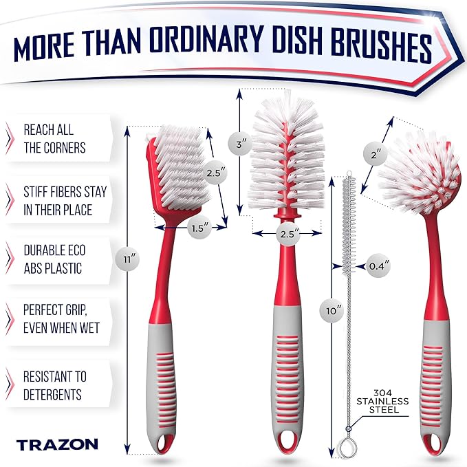 Dish Brush Set of 4 - Kitchen Scrub Brushes with Non-Slip Long Handle for Cleaning, Scrubber, Dishwashing, Dishes, Bottles, Straws, Cups, Pots & Sink, Red