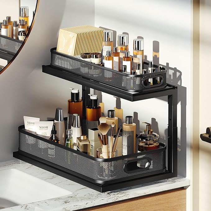 2-Pack 18.5 IN Depth Under Sink Organizer With Next-Gen Ball-Bearing Slides,Sophisticated Mesh 2-Tier Pull Out Shelf for Kitchen & Bathroom,Fits Small Items-Black