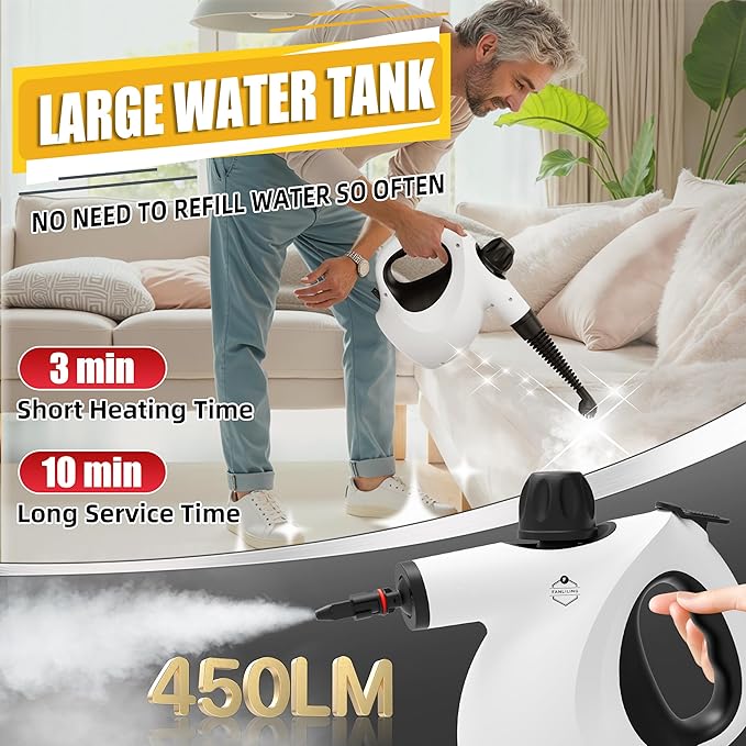 Pressurized Upgraded Handheld Steam Cleaner for Home with 13 pcs Accessories, Chemical-Free Multi-Purpose 450ML Steamer for Cleaning Car, Furniture, Floor, Tile Grout and Home Use
