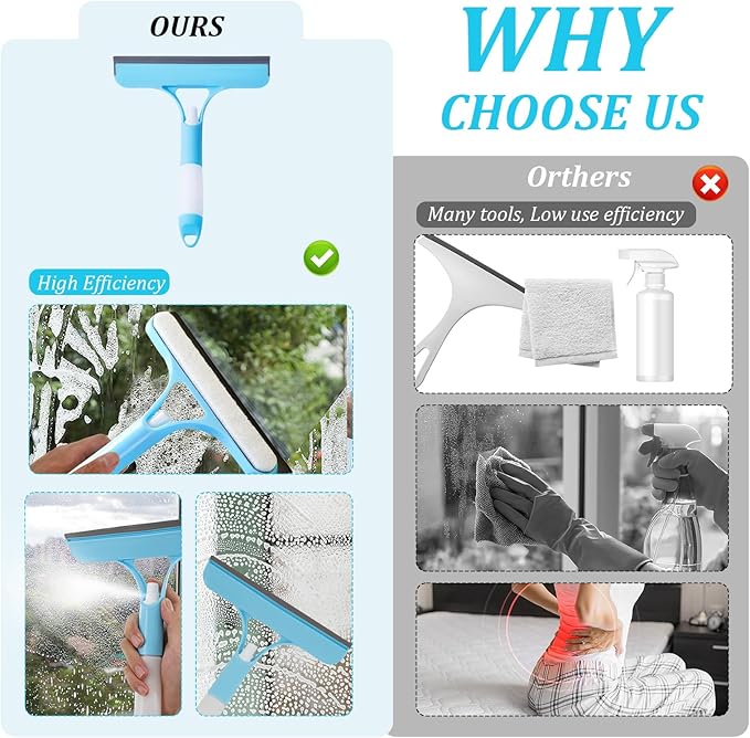 3 in 1 Window Squeegee with Sprayer, 3Pcs Spray Squeegee for Window Cleaning, All Purpose 3 in 1 Windows Cleaning Scraper, Glass Scraper Cleaner Tool for Car Home Windows Mirrors