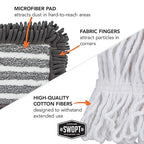 SWOPT 18” Microfiber Dust Mop, Microfiber Flexible Duster, Cotton Mop + 60" Steel Handle, Combo — Cleaning Heads With Long Handle Interchangeable With All SWOPT Cleaning Products — Machine Washable
