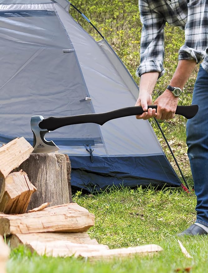 Camping Hatchet -Chopping Axe with Leather Sheath, 28.2" Forged Carbon Steel Wood Splitting Axe for Chopping Camping Survival