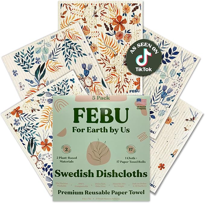 FEBU Swedish Dishcloths for Kitchen | 5 Pack Fresh Flowers Reusable Paper Towels Washable | Swedish Dish Towels | Non-Scratch Cellulose Sponge Cloths | No Odor, Biodegradable Cleaning Cloths