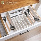 Premium Silverware, Flatware and Utensil Organizer for Kitchen Drawers, Food-Safe Contract Grade, Expandable from 14.5 to 25 In, White Bamboo