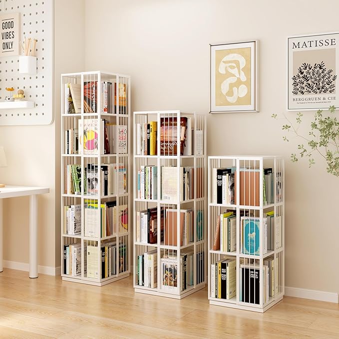 Square Rotating Bookshelf Tower - 360 Spinning Display Corner Bookcase for Narrow Space, Modern 4-Tier Revolving Storage Shelf, White