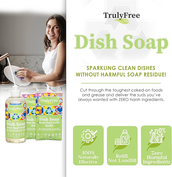 Natural Concentrated Dish Detergent Dishwashing Liquid | Plant-Based Dish Soap | Sweet Basil Fresh Scent | 2 Refill Packs with 1 Empty Refillable Squeeze Bottle (16 Oz)