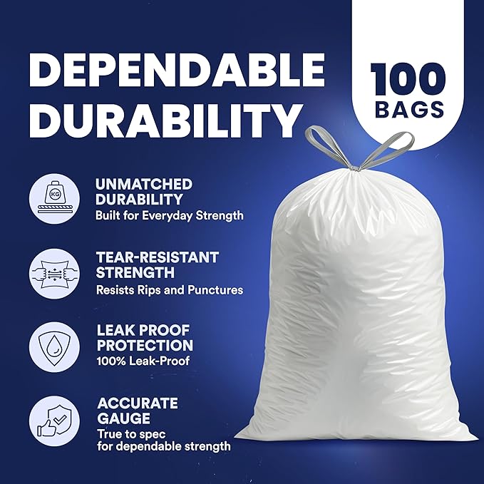 Plasticplace 4 Gallon Trash Bags │ 0.7 Mil │ Drawstring White Garbage Can Liners │ 17" x 16" (100 Count)