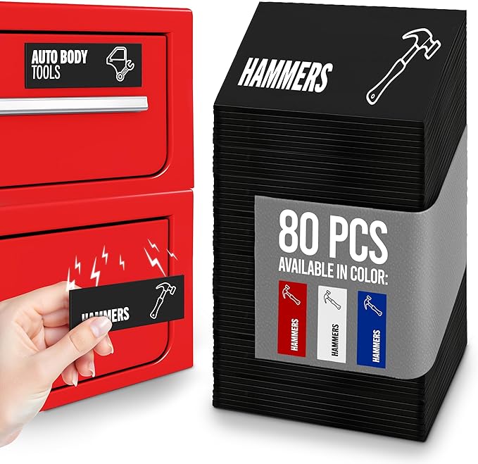 Toolbox Organization Magnetic Labels-80 Large Tool Chest Organizer Labels-Strong Magnets-Fits All Brands of Steel Tool Box Drawers(Black 3.125x1.0 in)