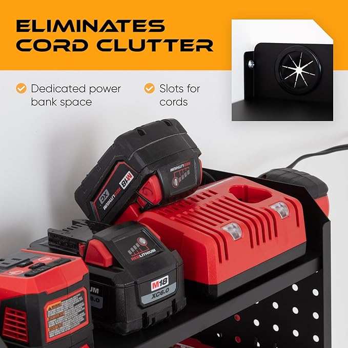 Power Tool Organizer - Wall Mount Storage for Garage Organizes 4 Cordless Drills & Tools - Heavy Duty Rack w Pegboard Sides Shelves & Hooks - Neatly Holds Screwdrivers & Drill Bits BLACK/BLACK