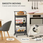 DTK 3 Tier Rolling Cart Uility Cart with Cover Board, Mobile Storage Cart with Wheels, Cups, Hooks for Office Utility Kitchen Bathroom Homeschool Art Craft Postpartum Teacher Cart Organizer(Black)