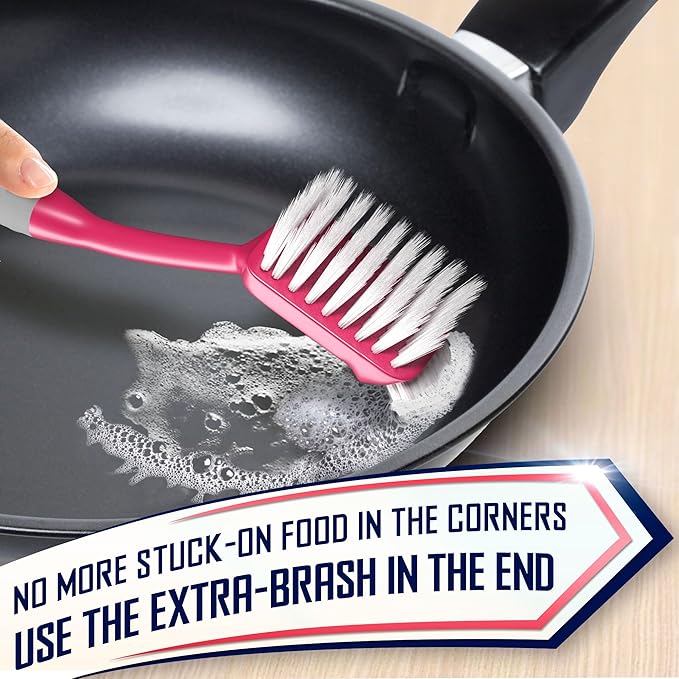 Dish Brush Set of 4 - Kitchen Scrub Brushes with Non-Slip Long Handle for Cleaning, Scrubber, Dishwashing, Dishes, Bottles, Straws, Cups, Pots & Sink, Red