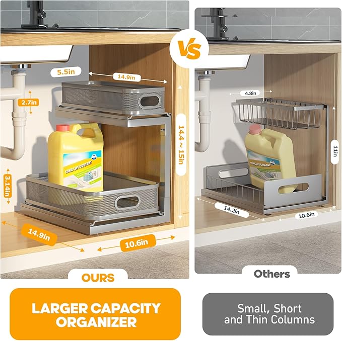 2-Pack Under Sink Storage Organizer with 2-Tier Slide Out Drawer, Sophisticated Mesh Pull Out Shelf for Kitchen & Bathroom, Fits Small Items, Upgraded Arched Track for Smooth Gliding(Patented)