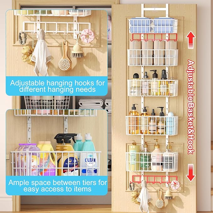 Adjustable Over The Door Organizer, Metal Hanging Door Organizer with 5 Wire Basket 7 Hooks, Wall Mounted Shelf for Pantry Closet Organization and Storage, White