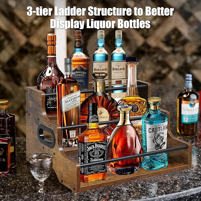 AT-VALY 3-Tier Spice Rack, Iron&MDF Kitchen Storage Shelf, Space-Saving Countertop Organizer for Spices, Herbs, Seasonings, Sturdy Stylish Condiment Holder,Countertop Wine Rack (Rustic Brown)