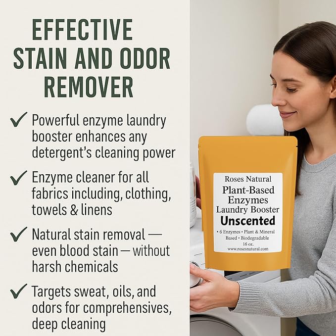 Plant-Based Enzymes Laundry Booster – Unscented | Advanced Enzyme Cleaner & Odor Remover | Powerful Stain Remover for All Fabrics | Biodegradable, HE Safe – 16 oz | Made in USA